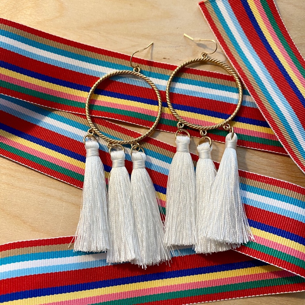 BoHo Hoop Tassel Earrings White and Gold